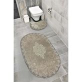 Milas Kaymaz Taban, Kadife Dantel Detaylı 2'li Süper Lüks Oval Banyo Paspası Seti, Koyu Kahverengi