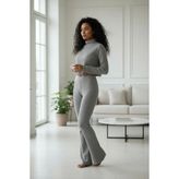MiraLive Kadın Gri Fitilli Boğazlı Crop Üst Ispanyol Paça Pantolon Eşofman Takımı Esnek 2’li Set - S - M