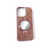 Miscase iPhone 15 Pro Max ile Uyumlu Standlı Aynalı Taşlı Telefon Kılıfı, Pembe