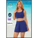 Miss Maral Kadın Mavi Iki Katmanlı Spor Mayo Takım – Sabit Pedli Üst, Cepli Beli Lastikli Şort TK3108 - 3XL