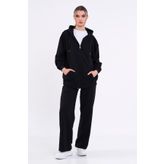 mmetalic Kadın Siyah Normal Kalıp Basic Beli Lastikli Kapüşonlu Oversize Mevsimlik Alt Üst Eşofman Takımı