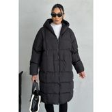 moda armanc Kadın Kapüşonlu Siyah Şişme Uzun Mont - Oversize