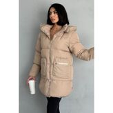 moda armanc Kadın Kapüşonlu Uzun Şişme Mont Fermuarlı Cepli Kışlık Puffer Mont