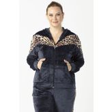 Moda Berray 1927 Leopar Detaylı Lacivert Tam Kalıp Tarz Kapüşonlu Kadife Büyük Beden Kadın Eşofman Takımı