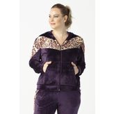 Moda Berray 1927 Leopar Detaylı Mürdüm Tam Kalıp Tarz Kapüşonlu Kadife Büyük Beden Kadın Eşofman Takımı