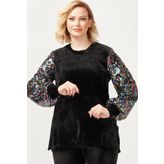 Moda Berray 3232 Siyah Kadife Kolu Disko Payetli Büyük Beden Kadın Bluz