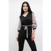 Moda Çizgi Büzgülü Şifon Kol Bluz Siyah