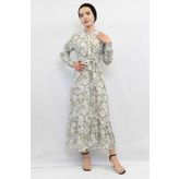 Moda Çizgi Çiçek Desenli Pileli Elbise Mint