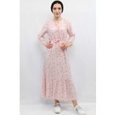 Moda Çizgi Çiçekli Elbise Pudra