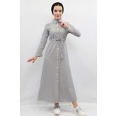 Moda Çizgi Gofre Elbise Gri