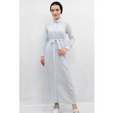 Moda Çizgi Gofre Elbise Mavi