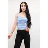 Moda Çizgi Kare Yaka Çizgili Triko Bluz Mavi