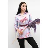 Moda Çizgi Kemerli Gömlek Tunik Lila