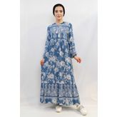 Moda Çizgi Vintage Desen Elbise Mavi