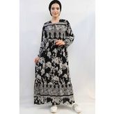 Moda Çizgi Vintage Desen Elbise Siyah