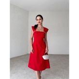 Moda Durağı Sıralı Incili Midi Elbise Kırmızı