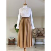 Moda Kadın Beli Lastikli Piliseli Camel Etek - Standart
