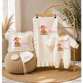 Moda Lime Premium 5 Parça Müslin Baskılı Bebek Seti - Isme Özel Kız Bebek Hediyesi - Ekru