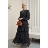 Moda Morfo Çapraz Bağlamalı Eteği Kat Kat Puantiyeli Şifon Elbise -Siyah - 40