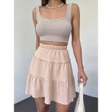 Moda Morfo Parça Kumaş Beli Lastikli Şortlu Etek -Bej - 38