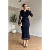 moda poni Sim İşlemeli Tül Kollu Drapeli Abiye Elbise