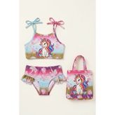 Modanino Kız Çocuk Çantalı 3'lü Mayo Takımı (Çanta+Mayo+Bikini) 3-10 Yaş 12649N - Fuşya - Mor - Turkuaz - 4 - 5 Yaş