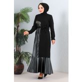 MODAQU Deri Detaylı Siyah Elbise