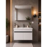 Modern 80 Cm Beyaz Renkli Mdf Seramik Lavabolu Alt Ve Üst Dolaplı Üst Aynalı Banyo Dolabı
