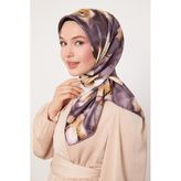 Mor Lotus Çiçek Twill İpek Eşarp