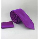 Mor Slim Fit (ince) Düz Renk Mendilli Saten Kravat - SS-20