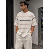 More Black Erkek Çizgili Triko Oversıze Tişört - XL - Beyaz
