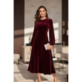 Mossta Bordo Midi Kadife Elbise