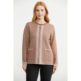 Motif Detaylı Yünlü Triko Ceket - Taba