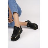 Muggo Happy Garantili Kadın Ortopedik Günlük Bağcıklı Şık Rahat Sneaker Spor Ayakkabı - Siyah - Altın