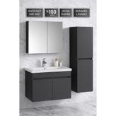 Multi Series 80 cm + 35 cm Mat Antrasit Gri Banyo Dolabı Takımı - Aynalı Seramik Lavabolu Banyo Dolap Seti