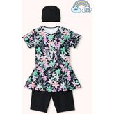 My Kids Wear Kız Çocuk Desenli Şortlu Bone’li Mayo Takımı 12572 - Pembe - Siyah - 11 - 12 Yaş