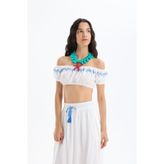 Nakış Detaylı Balon Kol Crop Bluz Ekru