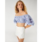 Nakışlı Crop Bluz Omzu Açık