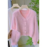 NATUFIAN STORE Kadın Pembe Peluş Görünüm Yumoş Tüylü V Yaka Basic Triko Hırka