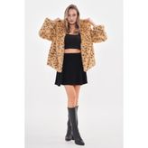 Navy Kapüşonlu Kürk Ceket Leopar - Camel - Siyah