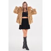 Navy Kapüşonlu Kürk Ceket Leopar - S - Camel - Siyah