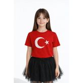 ND Kız-Erkek Çocuk Kırmızı Ay Yıldız Baskılı Beyaz Renk Pamuk/Süprem Rahat Kalıp T-Shirt