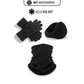 Net Tekstil 3'lü Kışlık Set Termal Boyunluk Polar Ense Kulaklık Kalın Örme Eldiven Unisex