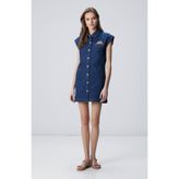Network Koyu Indigo Mavi Patch Detaylı Mini Denim Elbise