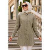 Neva Style Çizgili Bambu Açık Haki Tesettür Gömlek 15587AHK