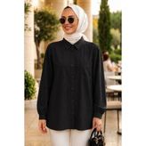Neva Style Çizgili Bambu Siyah Tesettür Gömlek 15587S