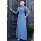 Neva Style Düğme Detaylı Mavi Tesettür Elbise 2703M