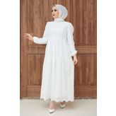 Neva Style - Kol Ucu Lastikli Ekru Tesettür Elbise 1073e