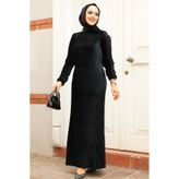 Neva Style Pileli Siyah Kadife Tesettür Elbise 22751S