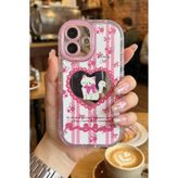 Nezih Case iPhone 16 Uyumlu Premium Pembe Kedi ve Fiyonk Desenli Aynalı Telefon Kılıfı